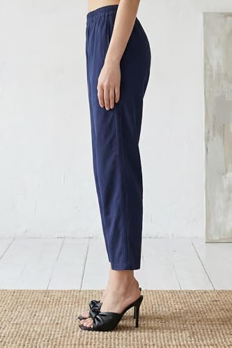 W for Woman Navy Blue Cotton Flax Ankle Length Relaxed Pants - (W63420-224745-S)