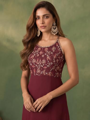 Varanga womens Maroon Halter-Neck Embroidered Anarkali Set