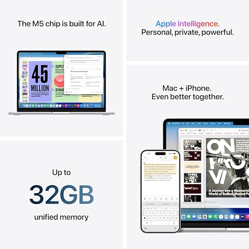 Apple 2026 MacBook Air 13″ laptop with M5 chip: AI and Apple Intelligence, 34.46 cm (13.6″) Liquid Retina Display, 16GB Unified Memory, 512GB SSD Storage, 12MP Center Stage Camera, Touch ID; Starlight