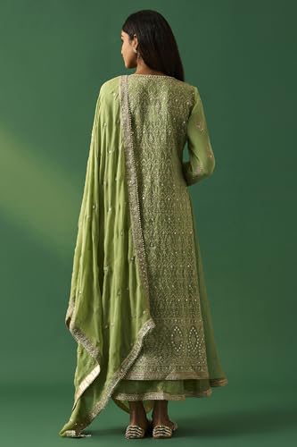 Wishful Women's Green Embroidered Anarkali Dress with Churidar and Dupatta Set - (SP12858-401187-L)