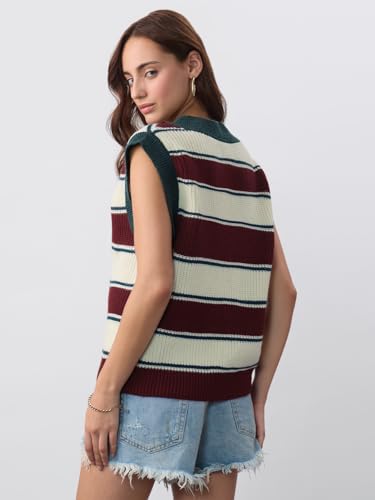 The Souled Store Sweater Vest: Newport Women and Girls Sleeveless V-Neck Striped Acrylic Regular Fit Lightweight Breathable Sweater Vest