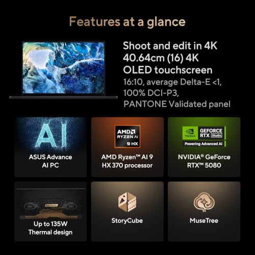 ASUS ProArt P16 (2026),AMD Ryzen AI 9 HX 370,RTX 5080-16GB,32GB RAM,1TB SSD,4K OLED,16"(40 cm),Windows 11 Home,M365 Basic(1 Year),Office 2024,Nano Black,1.95 Kg,H7606WW-SE066WS,Creator/Gaming Laptop