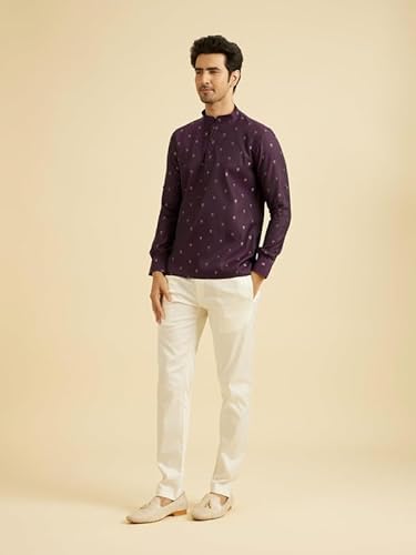 Manyavar Men's Art Silk Jacquard| Thread Work Short Kurta (Purple,XXXL)