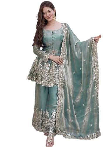 VARNI FABRICS: A lady's First Love Women's Teal Blue Fandy Silk Embroidered Kurta With Sharara And Dupatta Set, Ethnic Set For Women (IN, Alpha, L, Regular)