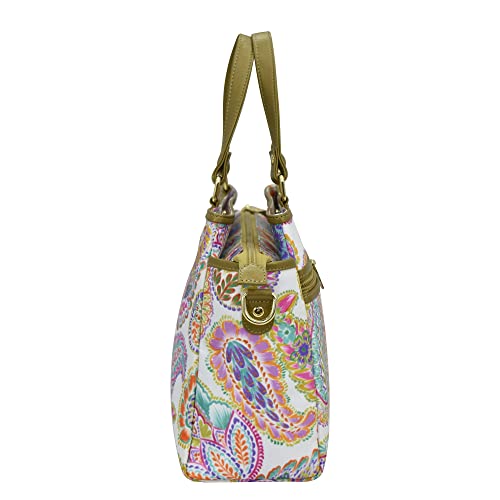 Anuschka Multicompartment Satchel - Wanderlust Collection - Nylon Fabric with Genuine Leather Trim and Artwork Print - Boho Paisley