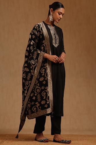 Soch Womens Black Vichitra Zari Woven Suit Set With Cutwork