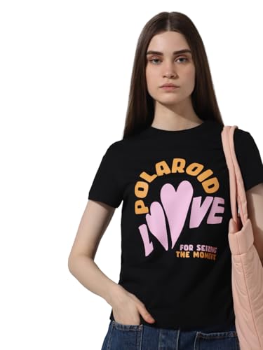 ONLY Women Printed Cotton Black T-Shirt