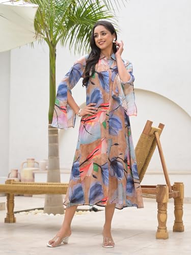 Divena Brown Digital Printed Chinon Kaftan Dress