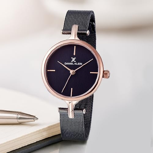 Daniel Klein Analog Black Round Dial Rose Gold Case Black Mesh Strap Water-Resistant Wrist Watch for Women Girls, Ladies DK11914-3