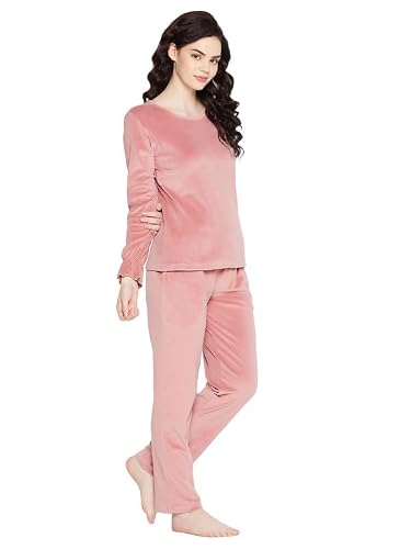 Clovia Women's Velour Solid Top & Pyjama Set (LSW682R22_Pink_M)