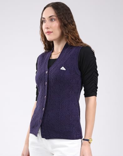 Monte Carlo Women's Regular Fit Self Design V Neck Sleeveless Cardigan| Warm Woolen Buttoned Sweater for Ladies | Stylish Knitted Cardigan for Women's Purple M