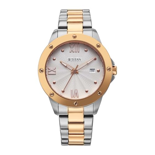 Titan Glamour Quartz Analog with Date White Dial Two Toned Stainless Steel Strap Watch for Women
