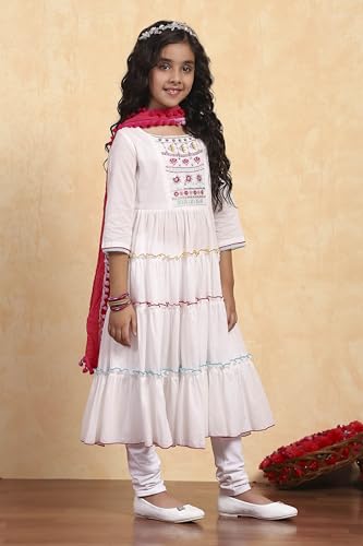 Biba Girl's White Cotton Tiered Solid Suit Set