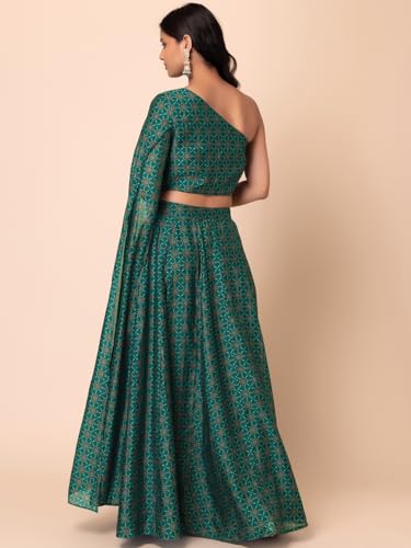 Indya Women's Chanderi Lehenga Sets (ICO00577_Green_L)