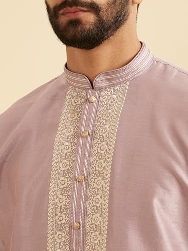 Manyavar Men's Art Silk Neckline Embroidered Solid Kurta Set (Lilac,L)