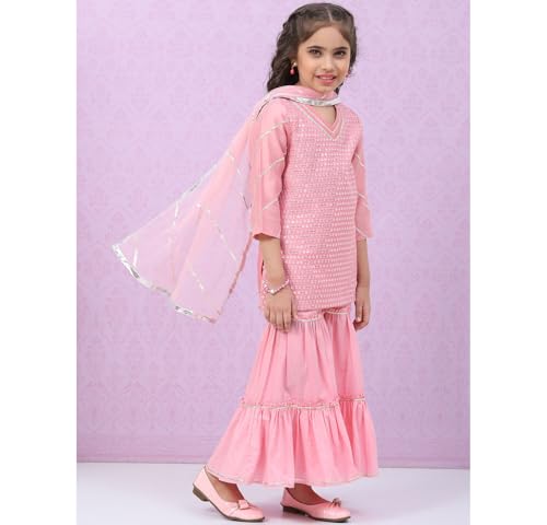 BIBA Girl's Cotton Embroidery Relaxed Kid (Kw4164_Pink_11, Kurta Sharara Set)