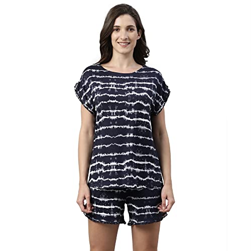Enamor EC14 Tie & Dye Printed Home Tee and Shorts Set for Women with Ruffled Trim