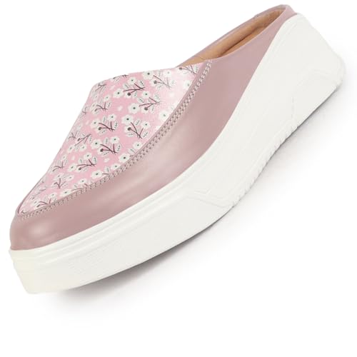 FAUSTO FST FJDWC-7020 PEACH-38 Women's Peach Stiched Floral Print Back Open Height Enhancer Flatform Heel Slip On Casual Shoes (5 UK)