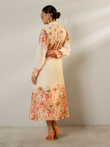 Sassafras Women Off White Floral Midi Belted Shirt Dress-M