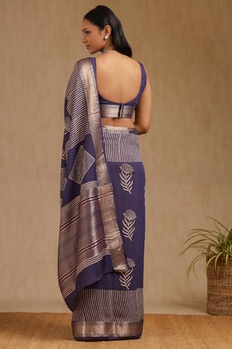 Soch Womens Purple Viscose Block Print Saree