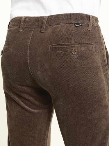 Hancock Men Cotton Solid Slim Fit Trousers Brown Size 32, Durable Fabric with a Tailored Finish, Comfortable Stretch Waistband, Machine Washable Easy Care Fabric