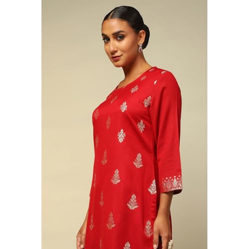 Rangriti Women Red Acrylic Straight Yarn Dyed Kurta Palazzo Suit Set_46