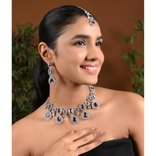 I Jewels Silver Traditional Kundan & Stone Choker Necklace Jewellery With Earrings & Maang Tikka Set for Women/Girls (Silver wine)