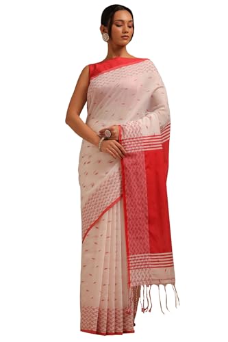 Soch Womens White Cotton Woven Design Saree