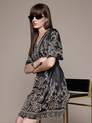 Label RITU KUMAR Black Marce V Neck Short Dress