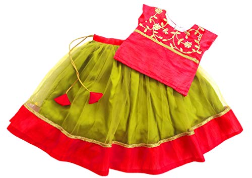 Stanwells Kids Girls Pea Green & Red Lehenga Choli Set | Net Embroidered Ethnic Dress | Traditional South Indian Pattu Pavadai (7–8 Years)