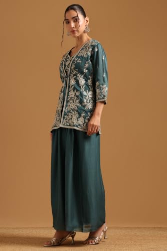 Soch Womens Teal Vichitra Botanical Zari Embroidered Co-Ord Set With Sequins
