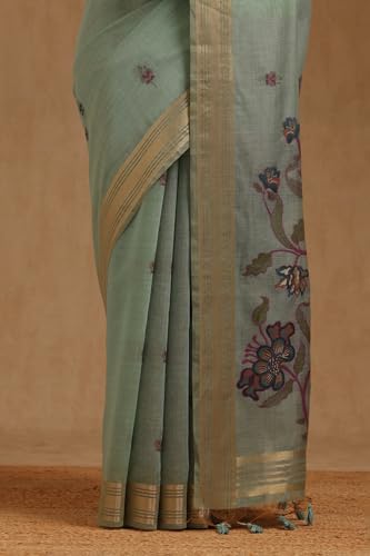 Soch Womens Turquoise Blue Chanderi Woven Design Saree