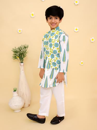 The Mom Store Baby/Kids Boys Kurta Pajama and Jacket Set | Cotton | Comfortable | Ethnic Wear | Festive Look | Printed | Emeraluxe, Multi | 7-8Y