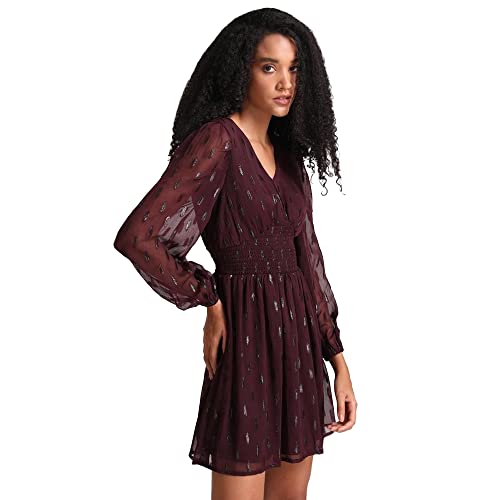 Kazo Abstract Polyester Blend V Neck Women's Mini Dress (Red,Medium)