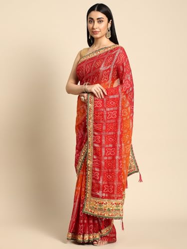 Pandadi Saree Women's Red Marble Georgette Mill Foil Bandhani with Intricate Work Border And Unstitched Blouse Piece