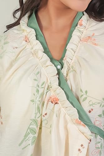 NoHook Korean Style Braless Cotton Nightsuit Set for Women | Floral Print Co-ord | in-Built Pads Beige