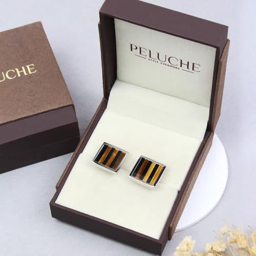 Peluche Natural Tiger's Eye Stone (Semi-Precious) - Silver Cufflinks for Men