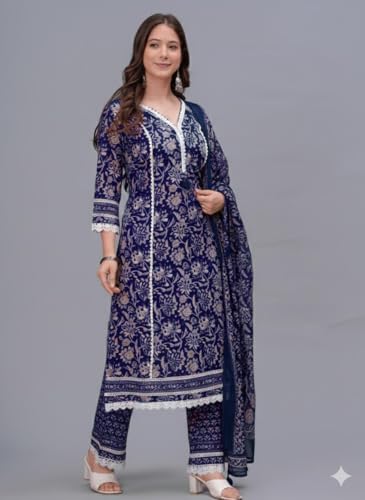 Amayra Women's Pure Cotton Printed Straight Kurta Set with Palazzo Pants & Dupatta- Ethnic Wear, Blue(TCK621,XXL)