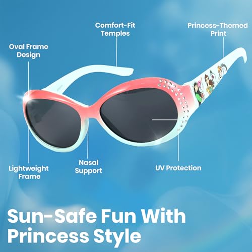 Disney Princess Sunglasses for Girls, 100% UV Protection, Shatter-Resistant AC Lenses, Lightweight and Comfortable, Stylish Outdoor Eyewear for Kids, Pink