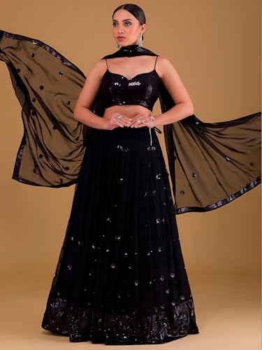 Zeel Clothing Womens Georgette Lehenga Choli Semi-Stitched Black Wedding Girlish Latest Free Size