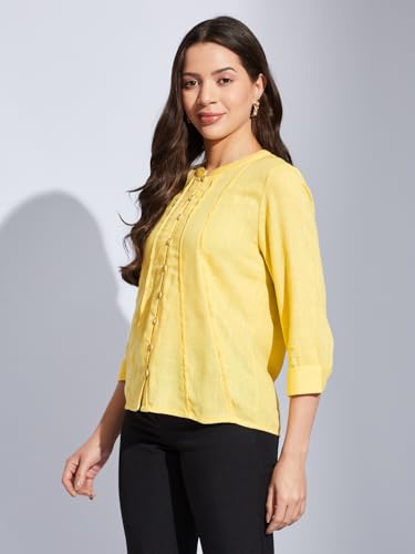 Latin Quarters Women Yellow Mandarin 3/4th Sleeves Solid Shirt Blouse for Casual Wear_L