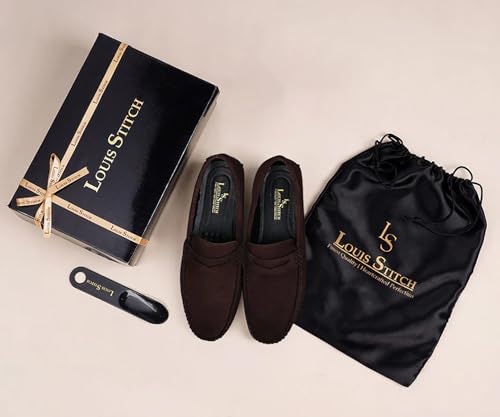 LOUIS STITCH Loafers Formal Shoes for Men | Damsire Underrobe Italian Suede Leather Moccasins | Slip-on Shoes for Business, Casual, Parties | Solid Brunette Brown | UK Size 12 (ITSU)