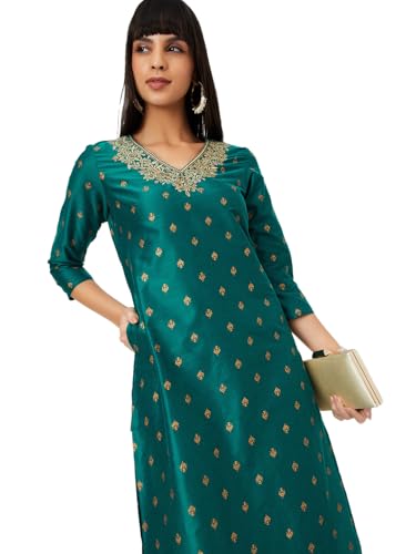 Max Women Embroidered Straight Kurta (Green_M)