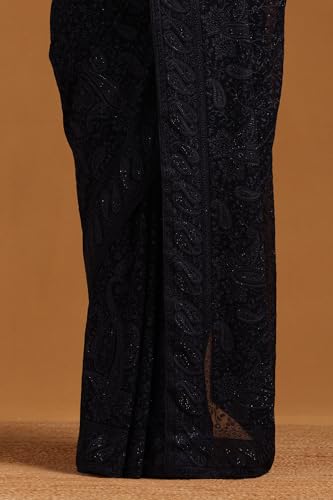 Soch Womens Navy Blue Georgette Botanical Saree With Stone Work