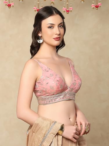 SALWAR STUDIO Pink Silk Embroidered Sleeveless Readymade Saree Blouse