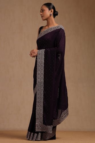 Soch Womens Purple Fendy Chiffon Embellished Saree With Stone Work