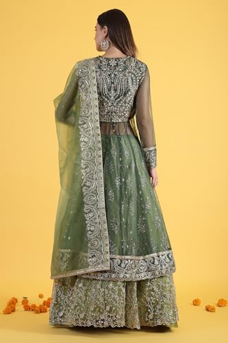 Wishful Women's Green Metallic Embroidery Mesh Flared Kurta & Skirt with Dupatta Set (Size: 3XL)-24AUSP11985-125144