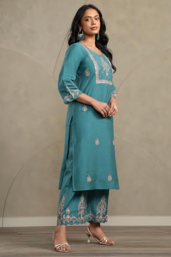 Soch Womens Turquoise Blue Chanderi Ethnic Motifs Zari Embroidered Kurta Set With Sequins