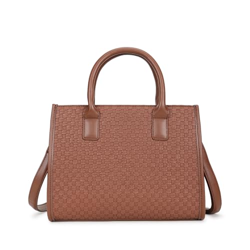 Fastrack Lattice Brown Satchel Bag | Faux Leather Woven Design | Three Compartment Satchel with Center Zipper Pocket & Organizer Pockets | Dual Carry Handles & Adjustable Strap