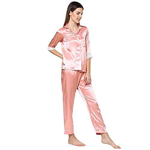 Sweet Dreams Women Satin Polka Dots 3/4th Sleeve Shirt & Pyjama Set-Peach-M